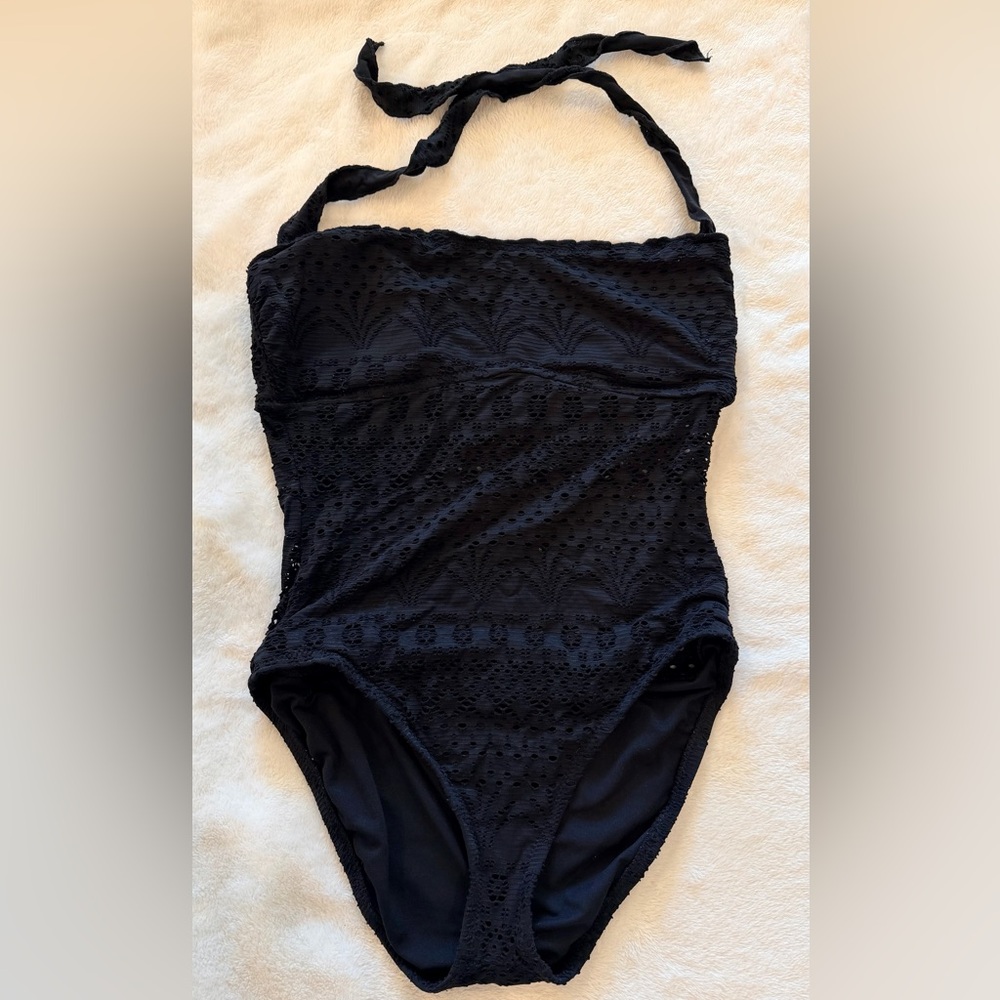 Black One Piece Lace Women’s Halter Bandeau Eyelet Swimsuit